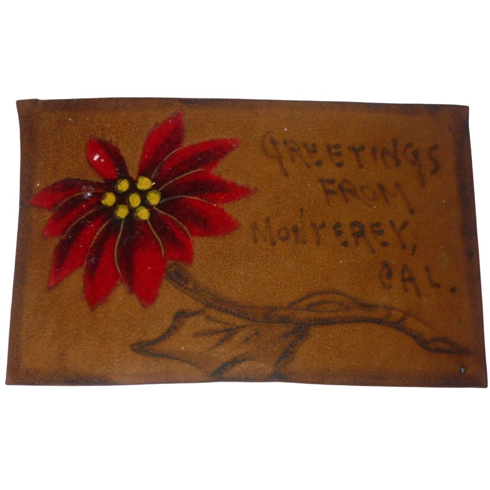 Antique Leather Postcard Monterey California Poinsettia Pyrography Art 1905